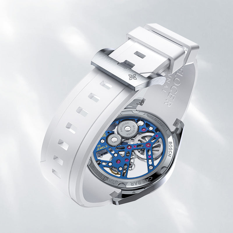 Agelocer rainbow tourbillon watch white rubber strap with signature buckle and blue caseback, close-up detail