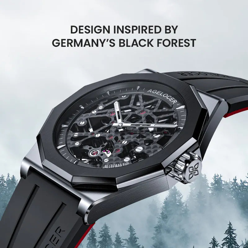Agelocer Schwarzwald skeleton automatic watch inspired by Germany's Black Forest, black case on a misty forest backdrop