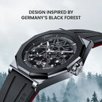 Agelocer Schwarzwald skeleton automatic watch inspired by Germany's Black Forest, black case on a misty forest backdrop