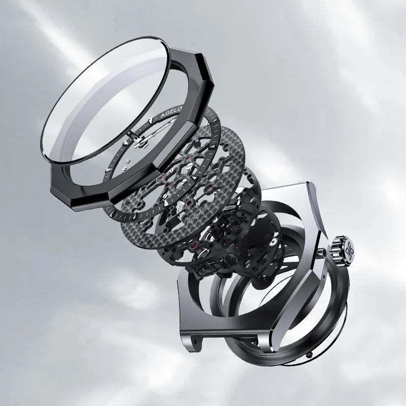 Exploded component view of Agelocer Schwarzwald automatic skeleton watch case, dial ring and movement