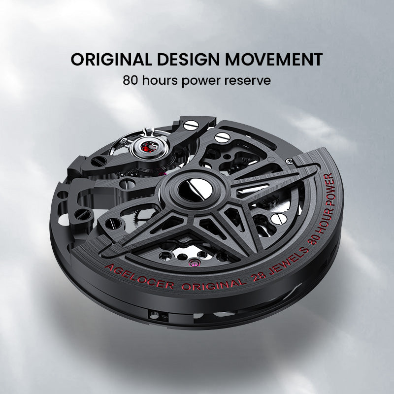 Agelocer Schwarzwald original in-house movement with 80-hour power reserve, skeleton automatic watch detail
