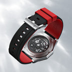 Agelocer Schwarzwald skeleton watch red and black rubber strap with signature logo buckle, close-up detail