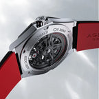Caseback of Agelocer Schwarzwald automatic skeleton watch showing 5 BAR engraving, stainless steel case and red strap