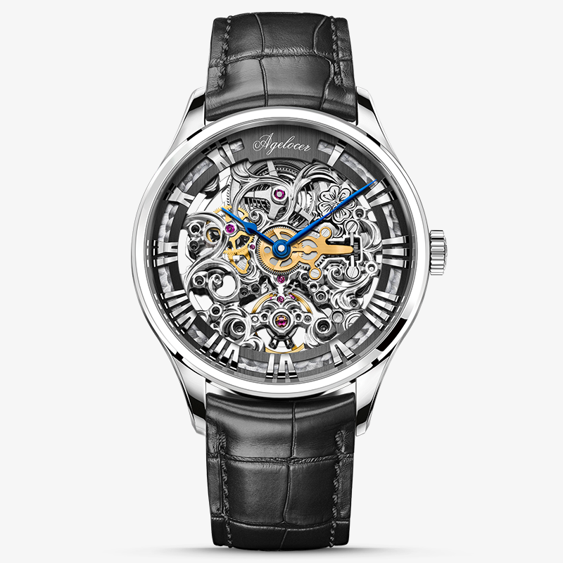 Agelocer Schwarzwald 5401A1 skeleton dial with blue hands on a black alligator-grain leather strap