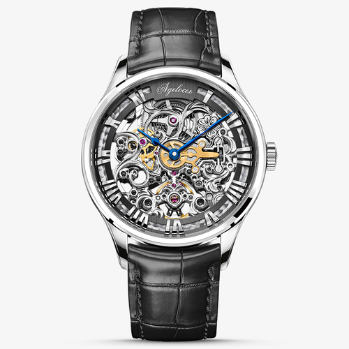 Agelocer Schwarzwald 5401A1 skeleton dial with blue hands on a black alligator-grain leather strap