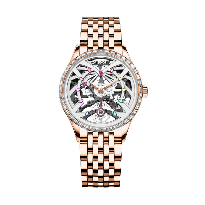 Agelocer Schwarzwald rose gold women's skeleton watch with crystal-set bezel and bracelet