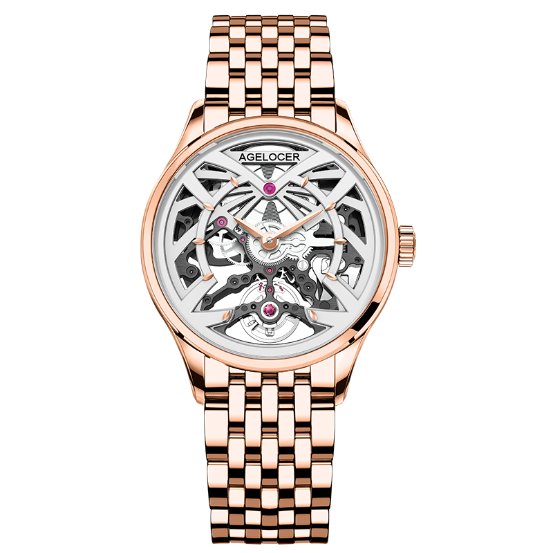 Agelocer Schwarzwald women's skeleton watch in rose gold with a matching rose gold bracelet