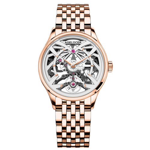 Agelocer Schwarzwald women's skeleton watch in rose gold with a matching rose gold bracelet