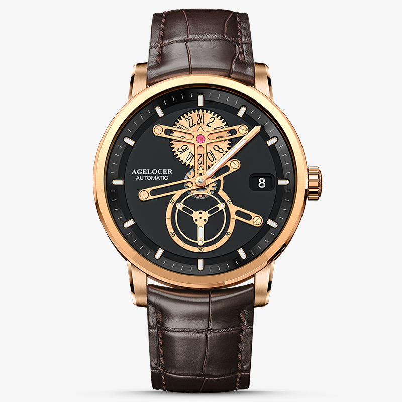 Agelocer Space Station Space Station rose gold case with black dial and brown alligator-grain leather strap