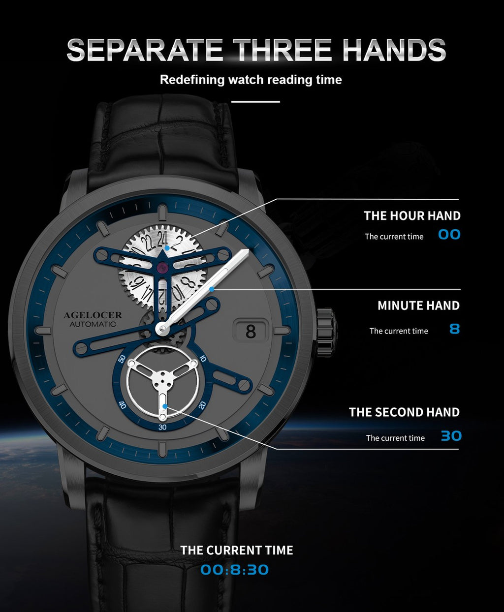 Agelocer Space Station watch with three separate skeleton hands for hour, minute and second, dial reading detail