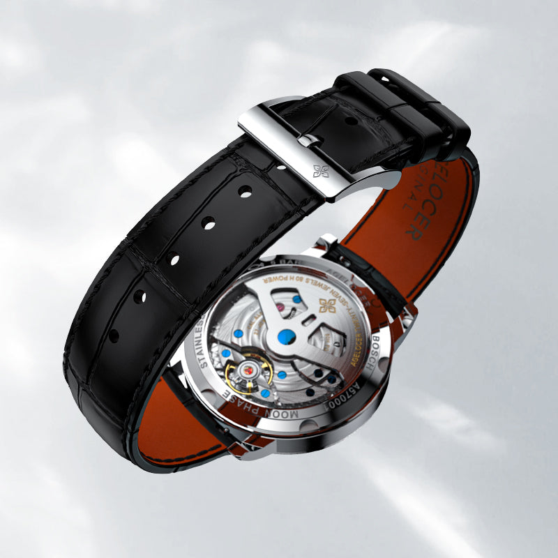 Caseback of Agelocer Astronomer painted moonphase watch showing 27 jewels and 80-hour power reserve