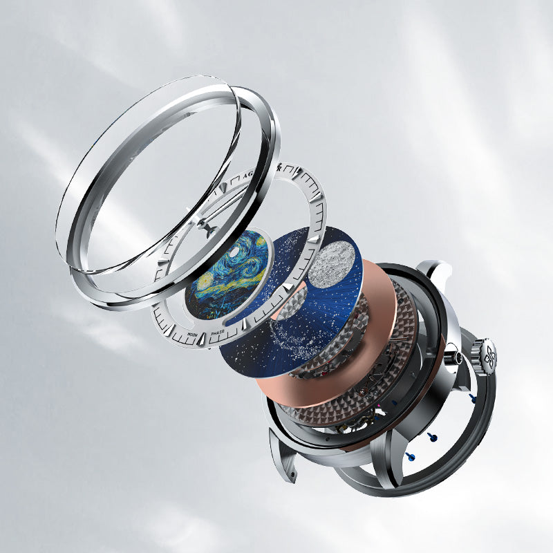 Exploded view of the Agelocer Astronomer painted moonphase watch showing dial and movement parts