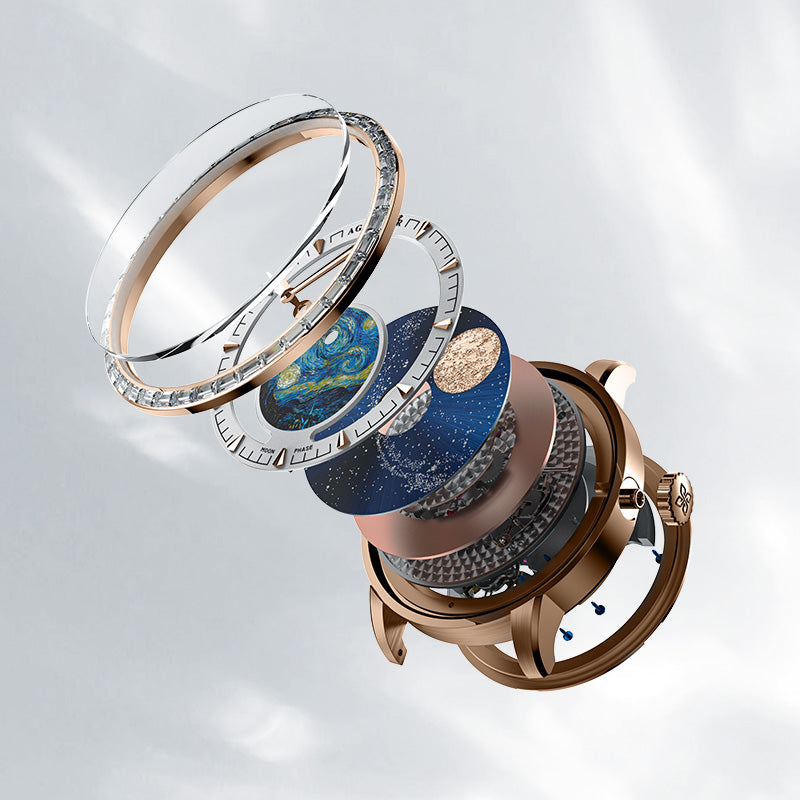Exploded view of the Agelocer Astronomer painted moonphase watch showing dial discs, zircon bezel and movement