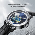 Agelocer Astronomer painted moonphase watch inspired by the moon and stars, steel case, angled view