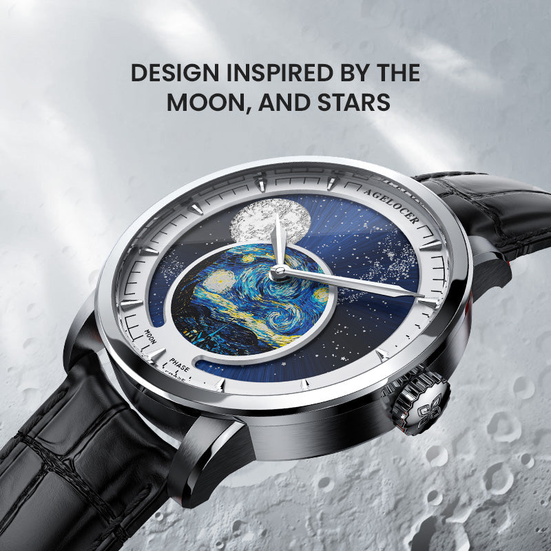 Agelocer Astronomer painted moonphase watch inspired by the moon and stars, steel case, angled view