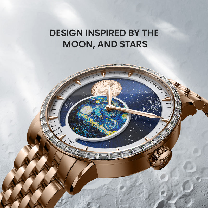 Agelocer Astronomer painted moonphase watch inspired by the moon and stars, rose gold case, angled view