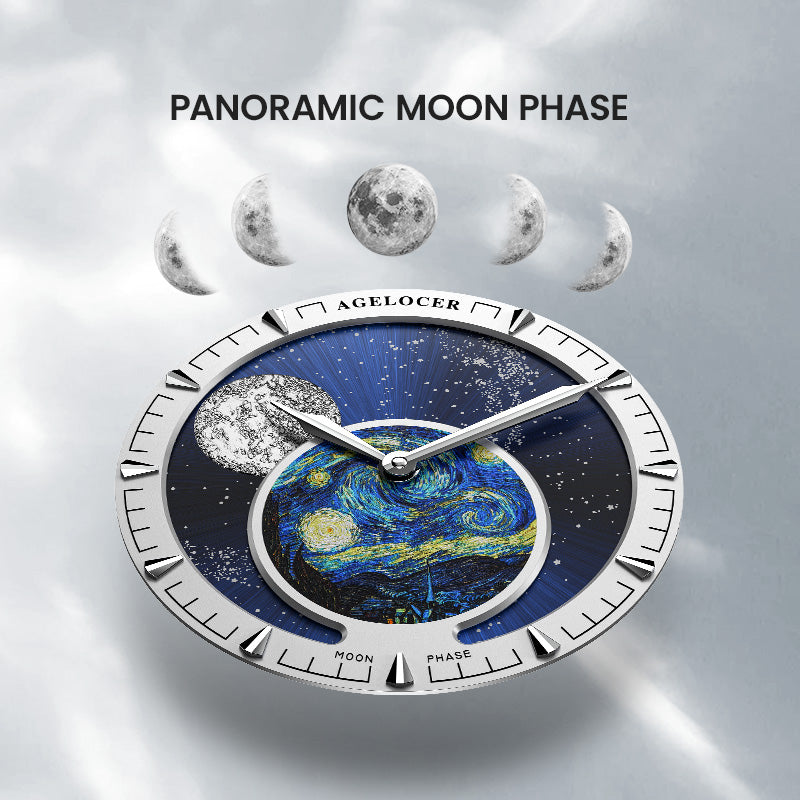 Panoramic moon phase on the hand-painted Van Gogh Starry Night dial of the Agelocer Astronomer watch, close-up