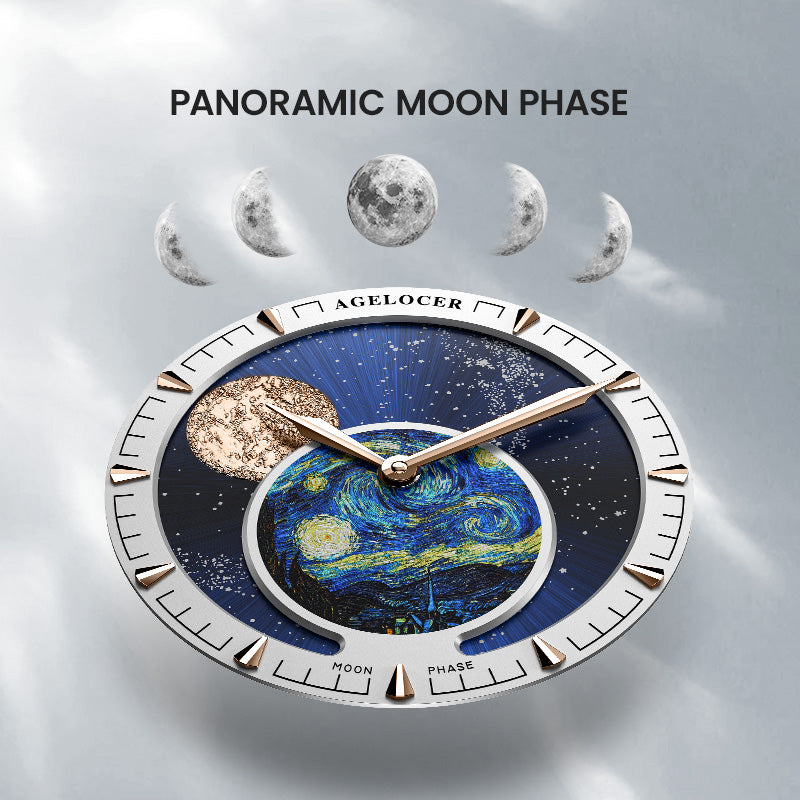 Panoramic moon phase display on the hand-painted Starry Night dial of the Agelocer Astronomer watch, close-up