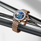 Agelocer Astronomer painted Starry Night moonphase watch on a bracelet resting on polished bars, lifestyle