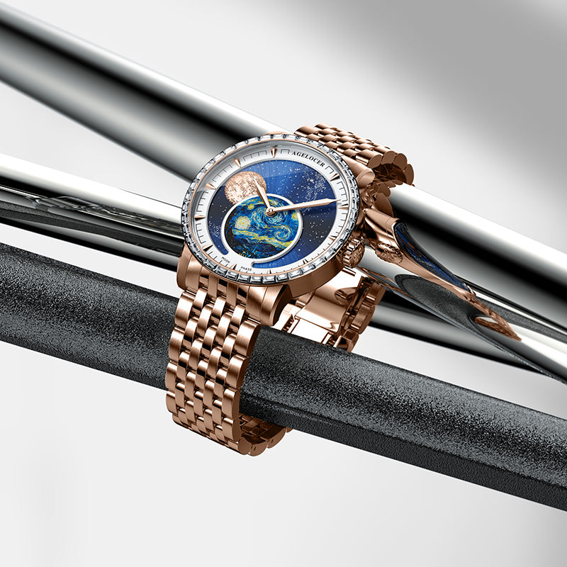 Agelocer Astronomer painted Starry Night moonphase watch on a bracelet resting on polished bars, lifestyle
