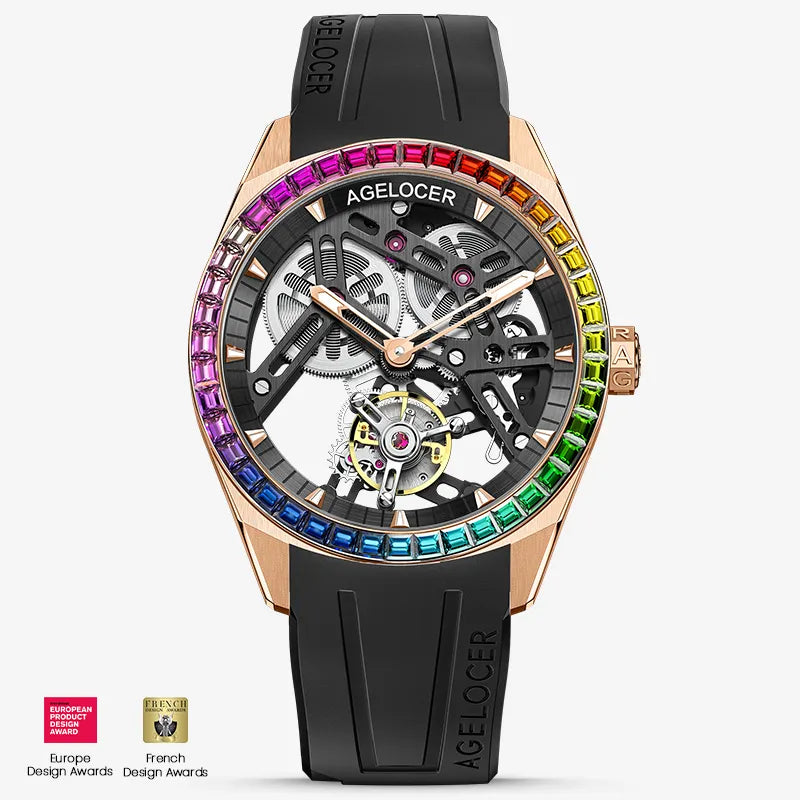 Agelocer Rainbow Tourbillon in rose gold with black skeleton dial, rainbow bezel and black rubber strap