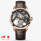 Agelocer Flying Tourbillon rose gold case, black skeleton dial and brown leather strap
