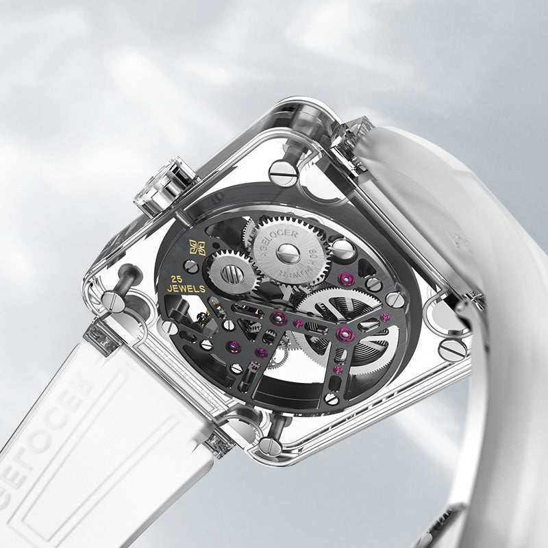 Agelocer Sapphire Tourbillon rear view through the clear case showing the 25-jewel skeleton movement