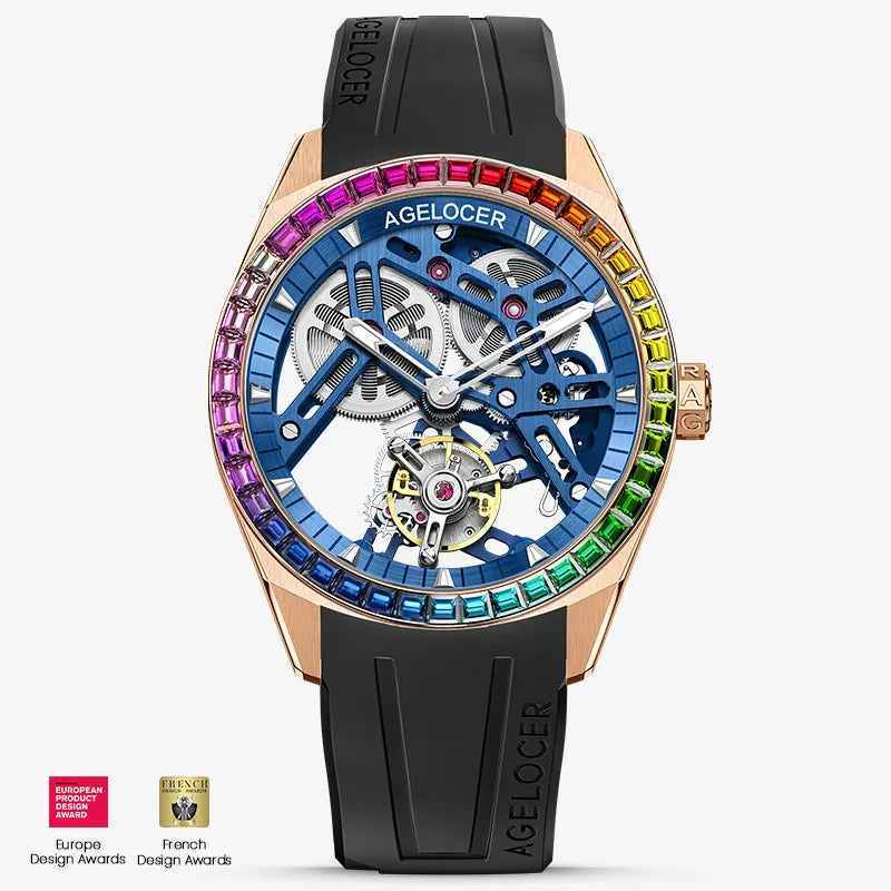 Agelocer Rainbow Tourbillon rose gold case, blue skeleton dial, rainbow bezel, black rubber strap