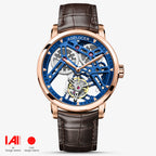 Agelocer Flying Tourbillon rose gold case with blue skeleton dial and brown leather strap