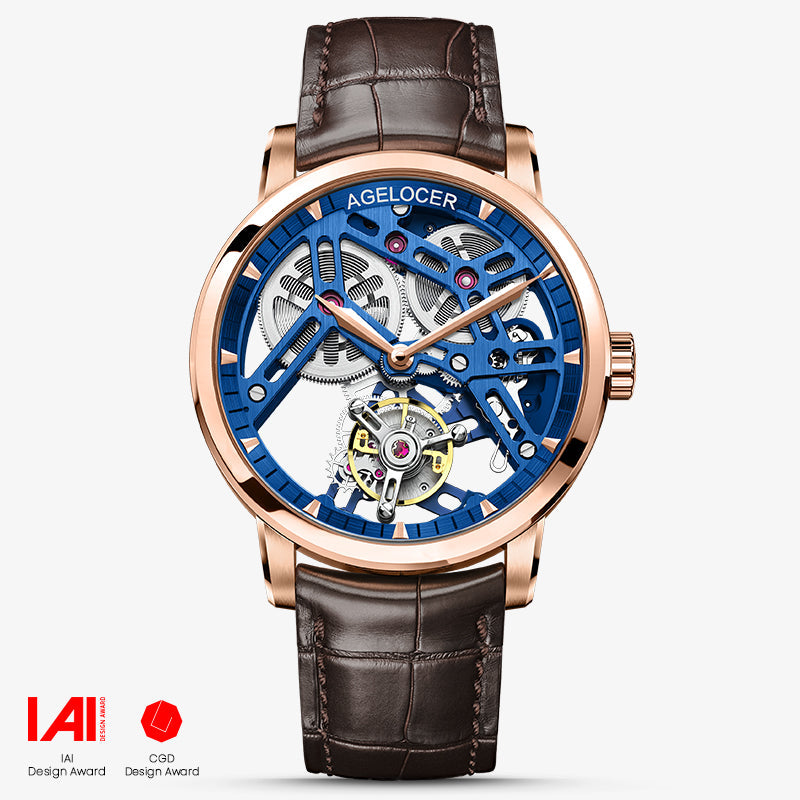 Agelocer Flying Tourbillon rose gold case with blue skeleton dial and brown leather strap