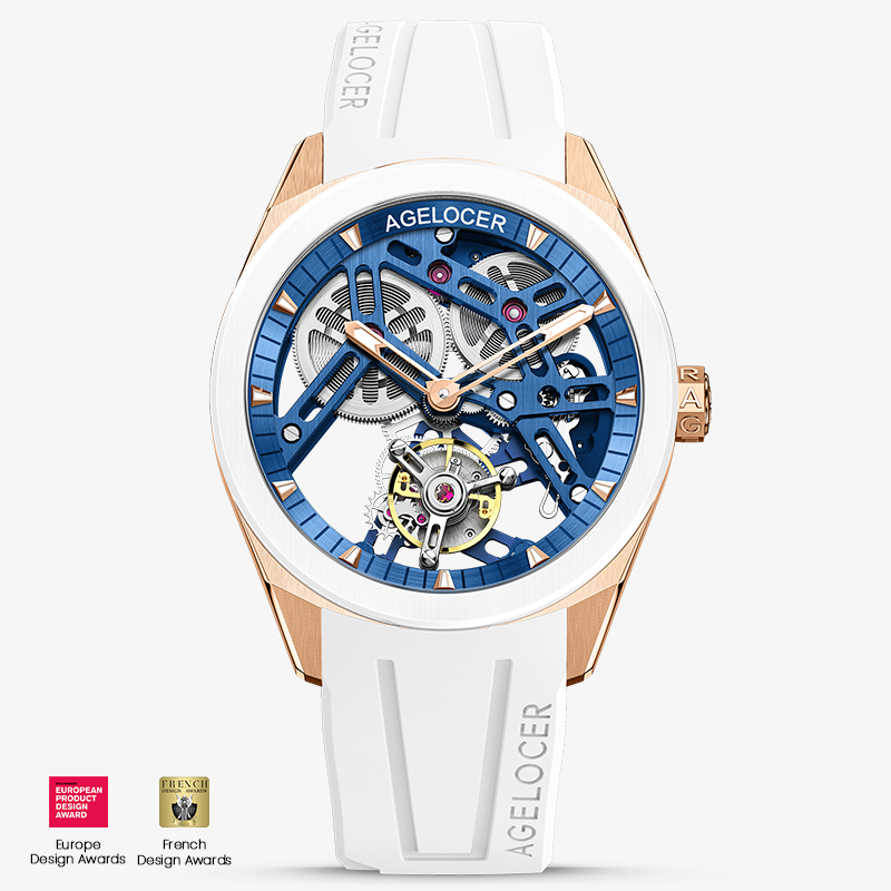 Agelocer Hollow Tourbillon 9104Y10R rose gold case, white ceramic bezel, blue skeleton dial, white rubber strap
