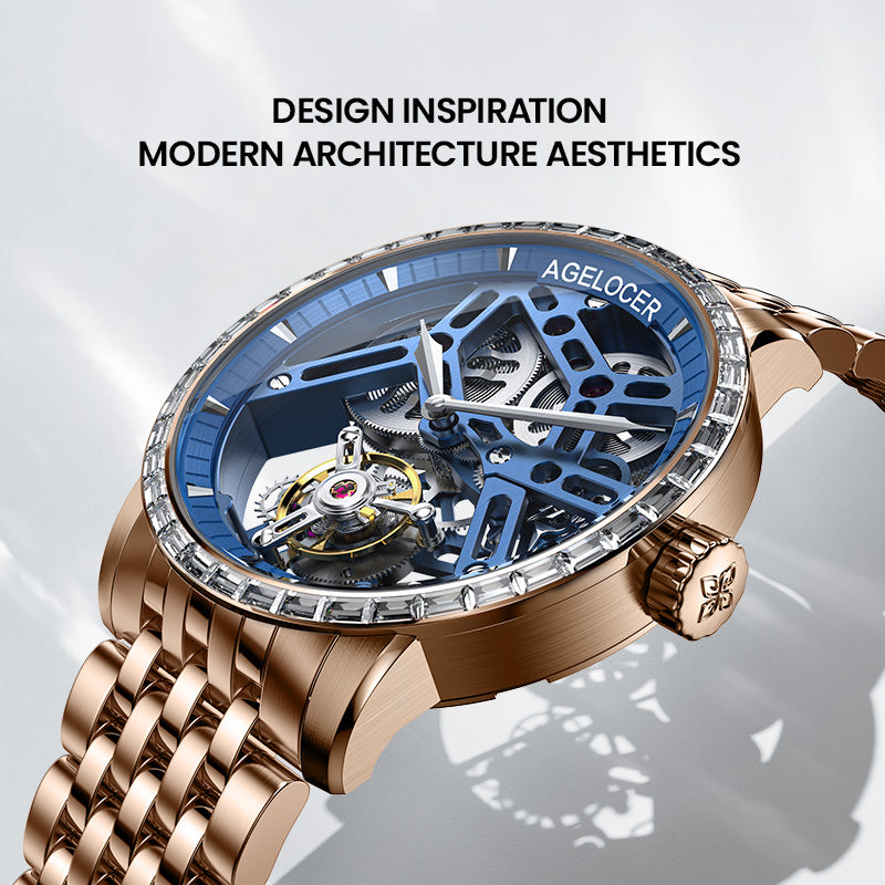 Agelocer diamond tourbillon inspired by modern architecture, rose gold case and blue skeleton dial