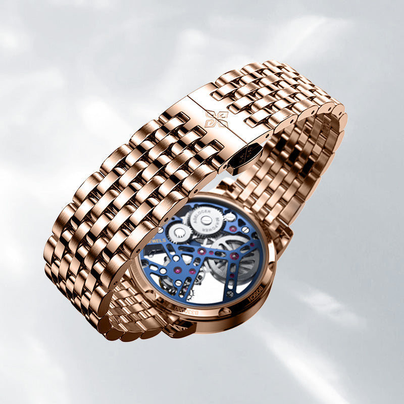 Agelocer diamond tourbillon rose gold bracelet and signed folding clasp, exhibition caseback