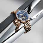 Agelocer diamond tourbillon rose gold watch displayed on polished metal bars, product shot