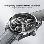 Agelocer 3D-Manta Tourbillon angled view of the free-sprung balance manta tourbillon cage