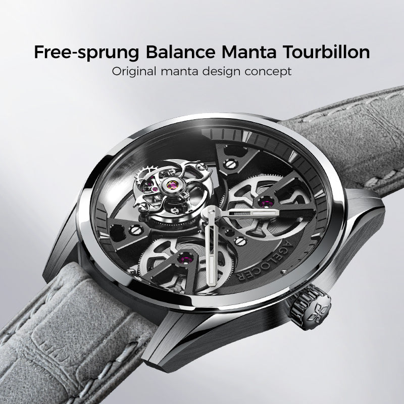 Agelocer 3D-Manta Tourbillon angled view of the free-sprung balance manta tourbillon cage