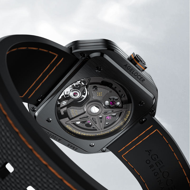 Agelocer Volcano carbon fibre caseback, automatic movement, 27 jewels, 5 bar water resistance, black case