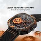 Agelocer Volcano watch inspired by volcanoes, orange carbon fibre case and flame skeleton dial, angled view