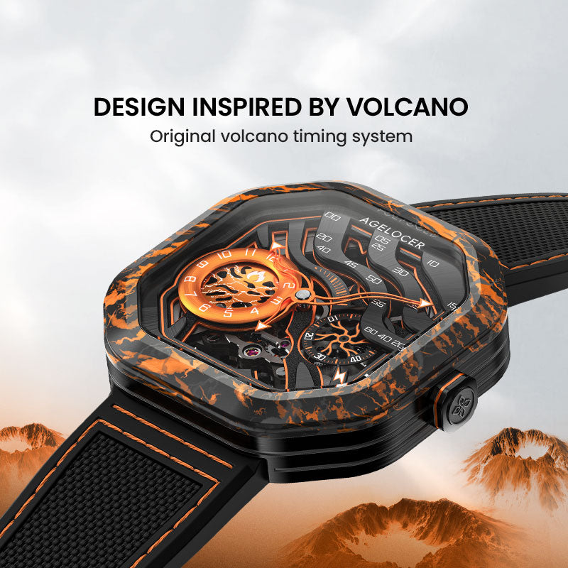 Agelocer Volcano watch inspired by volcanoes, orange carbon fibre case and flame skeleton dial, angled view