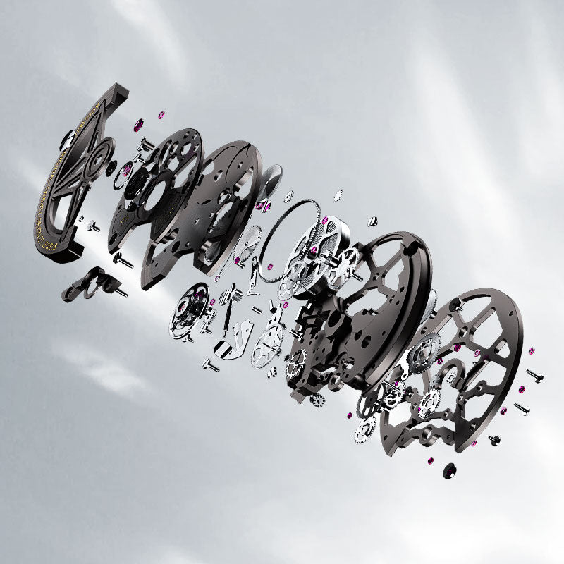 Agelocer Volcano exploded view showing carbon fibre case, skeleton dial and automatic movement components
