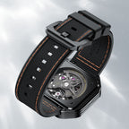 Agelocer Volcano black rubber strap with orange stitching and signed buckle, carbon caseback view