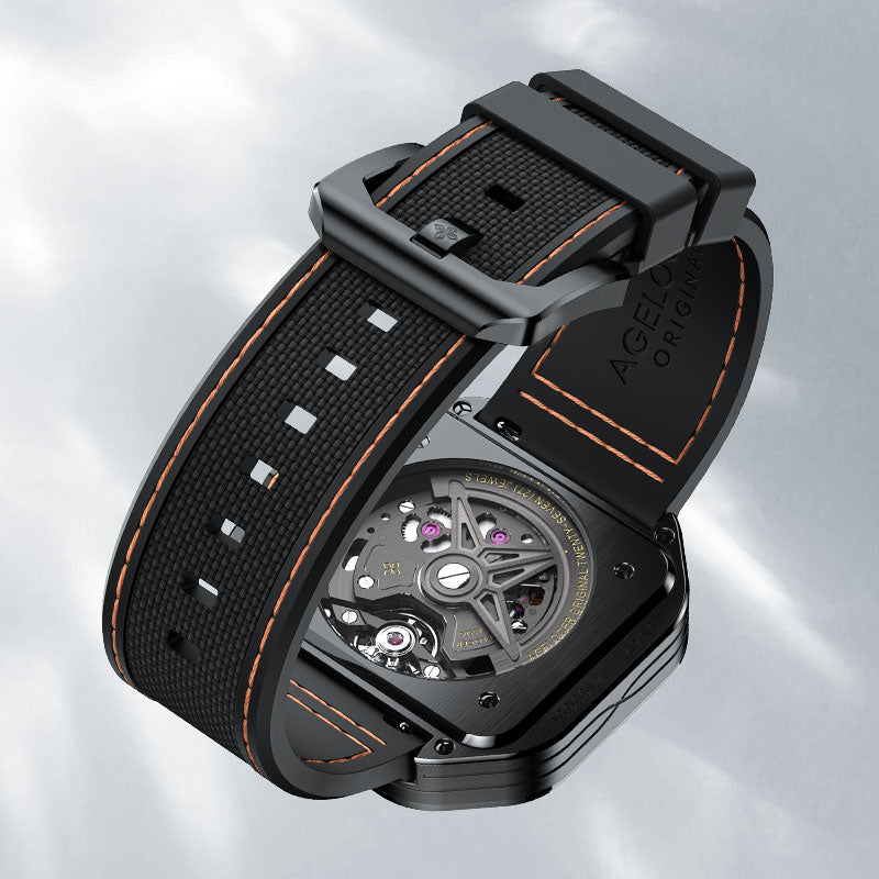 Agelocer Volcano black rubber strap with orange stitching and signed buckle, carbon caseback view