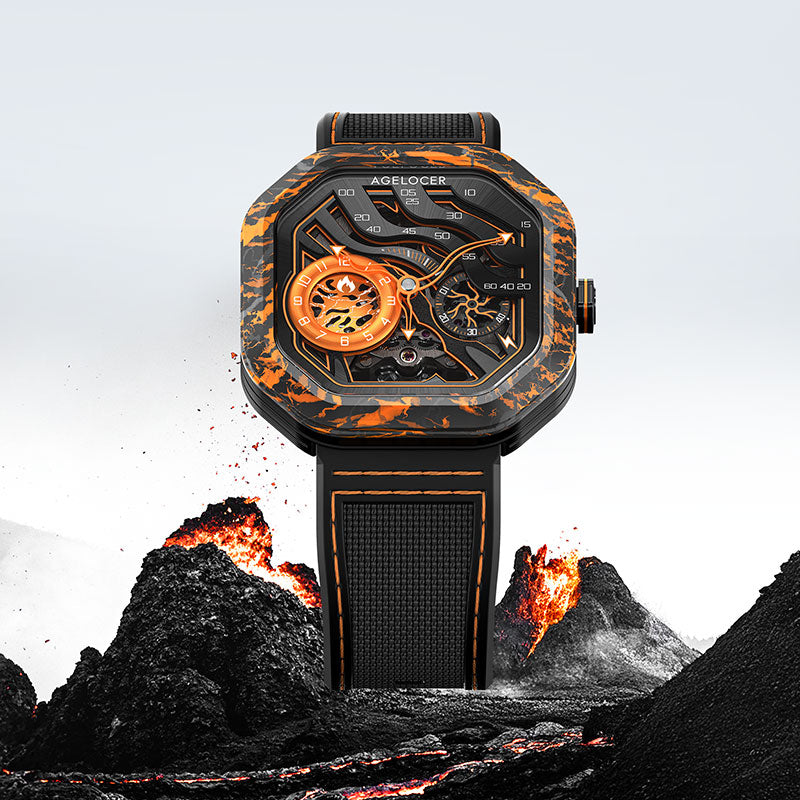 Agelocer Volcano orange carbon fibre watch displayed among volcanic lava rocks, dramatic scene