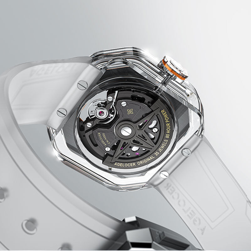 Agelocer Volcano crystal-case watch caseback, 35-jewel movement, 80-hour power reserve