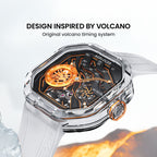 Agelocer Volcano crystal-case watch, orange dial, volcano-inspired design on ice display