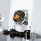 Agelocer Volcano crystal-case watch displayed on ice and molten lava scene