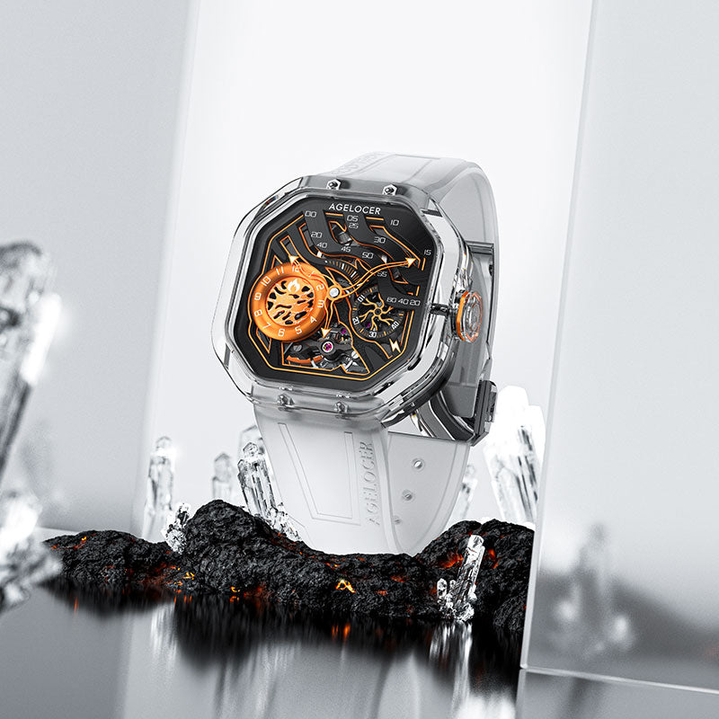 Agelocer Volcano crystal-case watch displayed on ice and molten lava scene