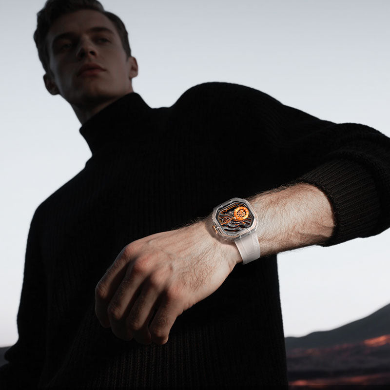 Agelocer Volcano crystal-case skeleton watch worn on wrist, menswear lifestyle