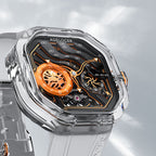 Agelocer Volcano crystal-case skeleton watch, flame orange dial, three-quarter angle