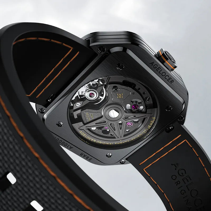 Agelocer Volcano Flame watch caseback, 27-jewel automatic movement, black case, orange accents